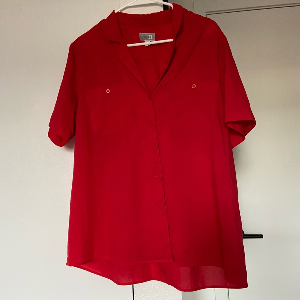 Ellen B Red Sheer Button-Up Blouse Size 20 – Lightweight Semi-Sheer Short Sleeve